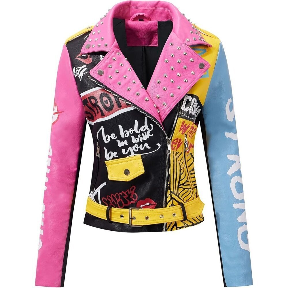 🆕 Women Pink Trendy Faux Leather Jacket Rivet Spring Winter Fashion Clothes